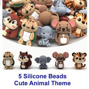 5 Silicone Beads  Cute Animal Theme